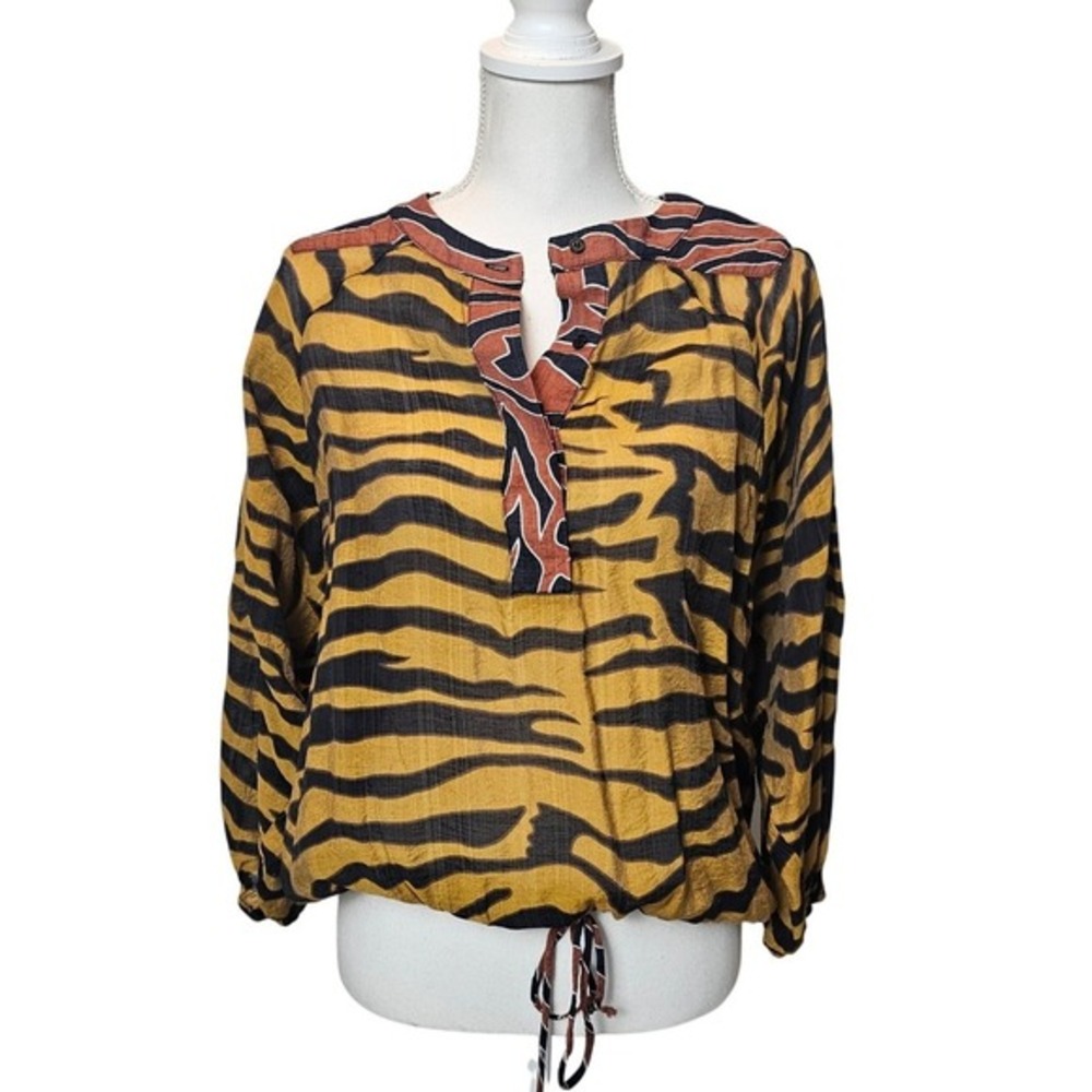 BURU Tiger Animal Print Cinch Hem Blouse – Large Statement Top 3/4 Sleeve‎ - Picture 2 of 12